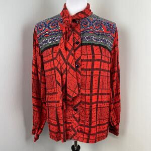 Vintage Julie Francis Silk Plaid Paisley Western Button Down Blouse 8